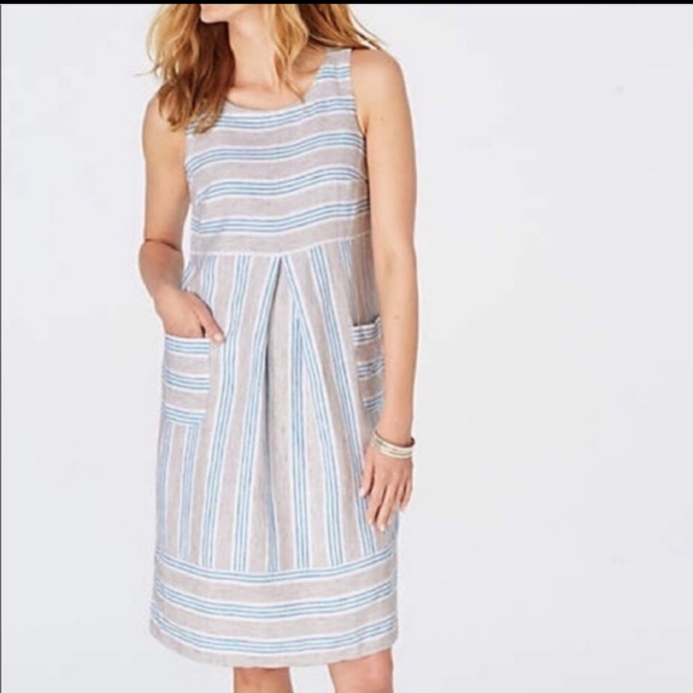 J. Jill Beige and Blue Striped Sleeveless Linen Dress